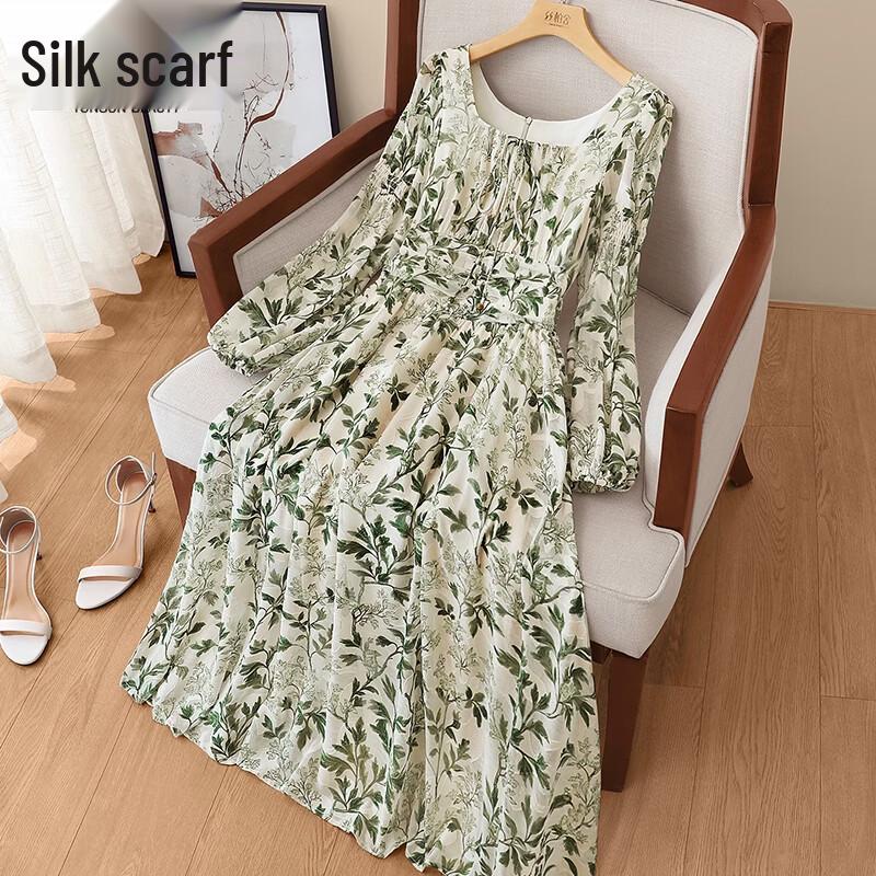 French Floral Long-Sleeve A-Line Dress L