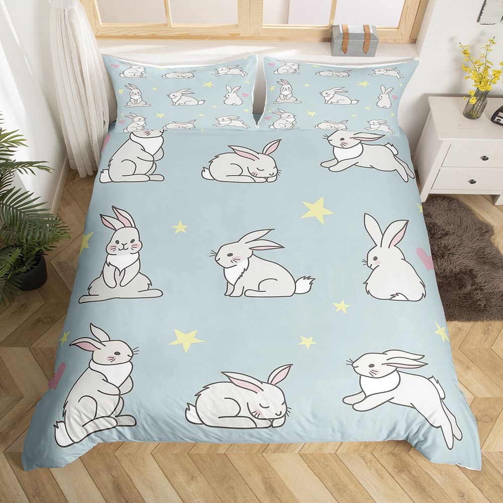 Cute Rabbit Duvet Cover Queen King Size Cartoon Rabbit Bedding Set Kawaii Animal Quilt Cover For Boys Girls Teenagers  3 Pcs