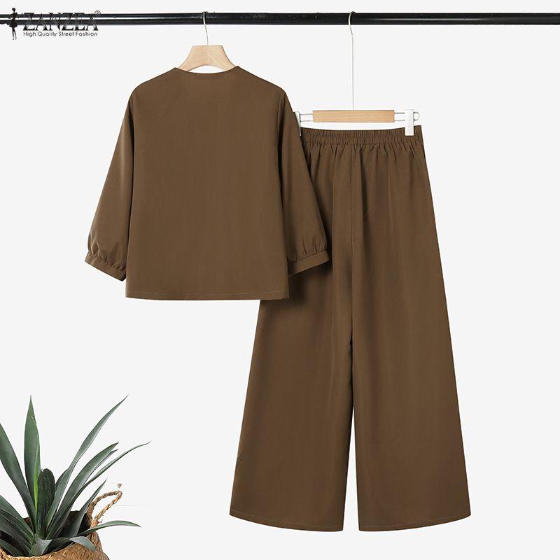 ZANZEA Women 3/4 Sleeve Blouse and Pants Casual Two Piece Suit Sets