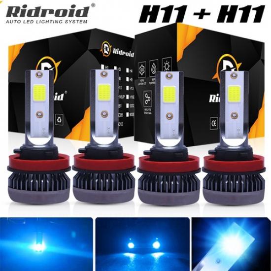 Super Bright 4x Combo H9 H11 LED Headlight High Low Beam Bulbs 8000K Blue Kit