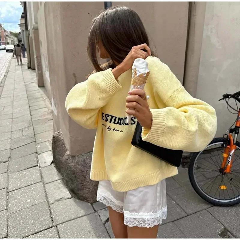 VAYLA Yellow Knitted Letter Sweater Women Elegant Round Neck Long Sleeve Short Pullover Casual Lady New Street Sweaters