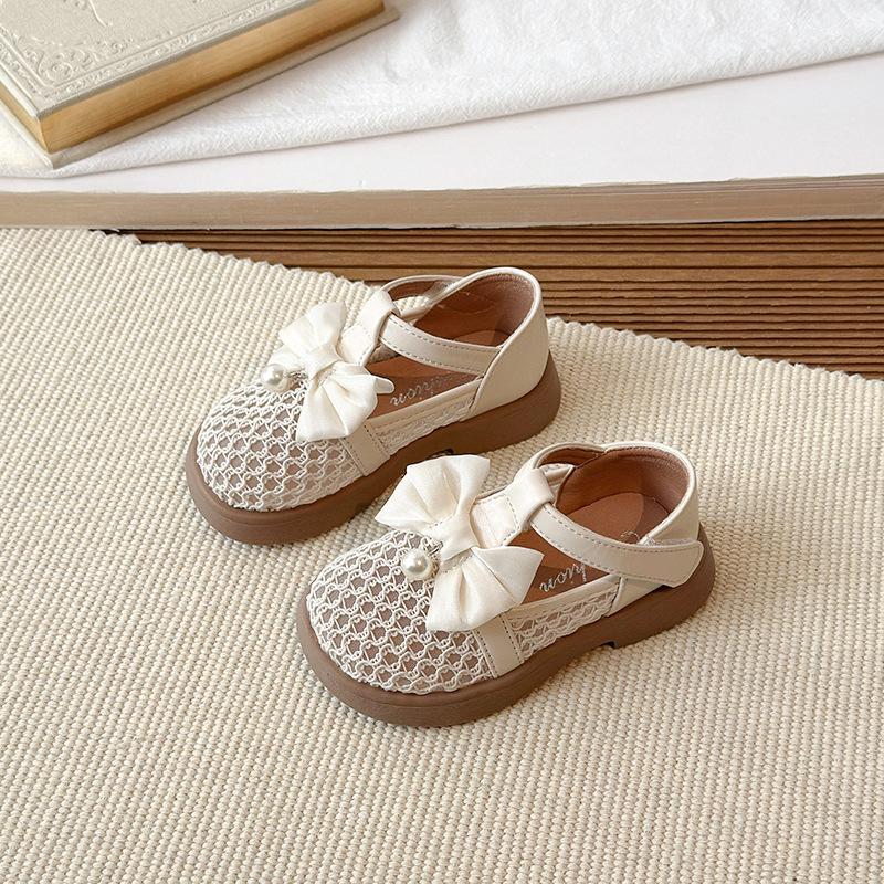 Spring-summer New Style Girls' Breathable Woven Mesh Shoes, Little Girls' Pearl Bow Shoes, Leather Hollow-out Sandals