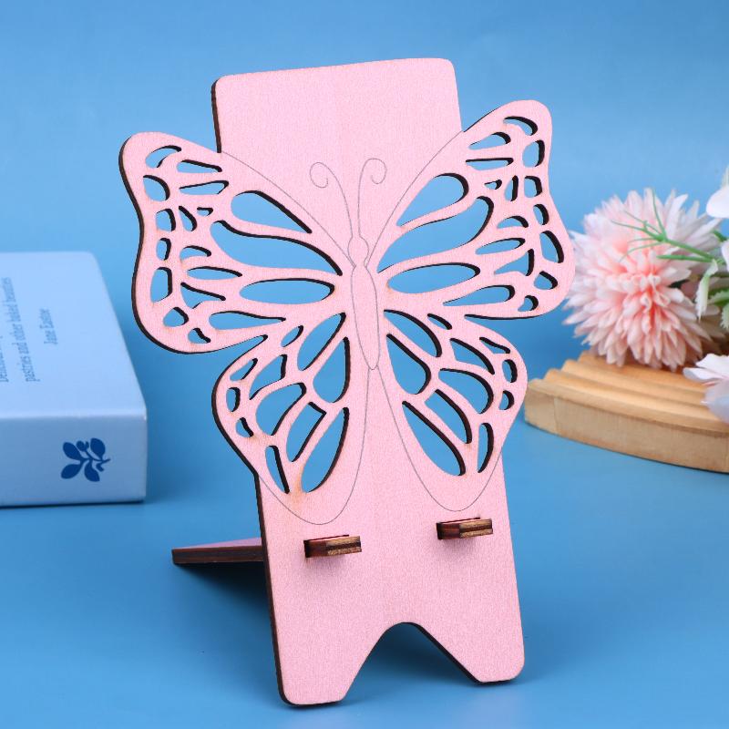 Wooden Butterfly Phone Stand Cute Hollow Out Phone Holder Portable Desktop Mount Mobile Phone Tablet Stand For Home Office розовый