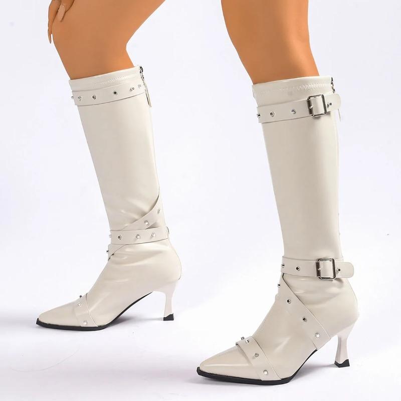 Women's Knee High Boots Temperament Pointed-toe Slimming Long Tube Boots Fashion Belt Buckle Designer Women's High-heeled Boots