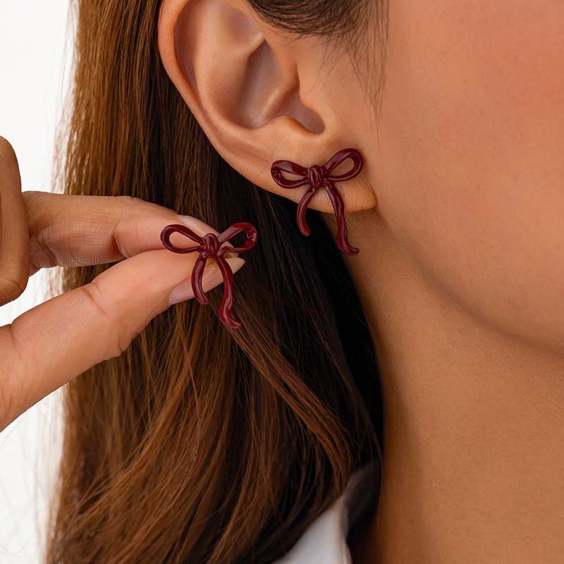 

Retro Red Drip Oil Bowknot Flower Petal Stud Earrings For Women Simple Ribbon Piercing Earrings Aesthetics Wed Bridal Zircon