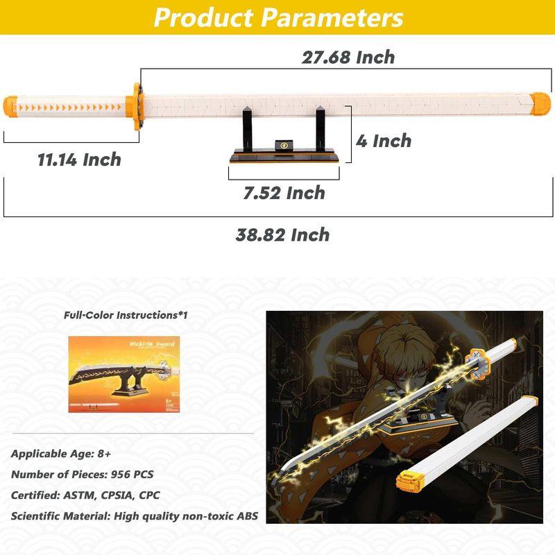 956PCS Zenitsu Sword Building Blocks Model Set 38.8in Anime Cosplay Sword Samurai Sword Building Kit for Adults and Kids Gifts