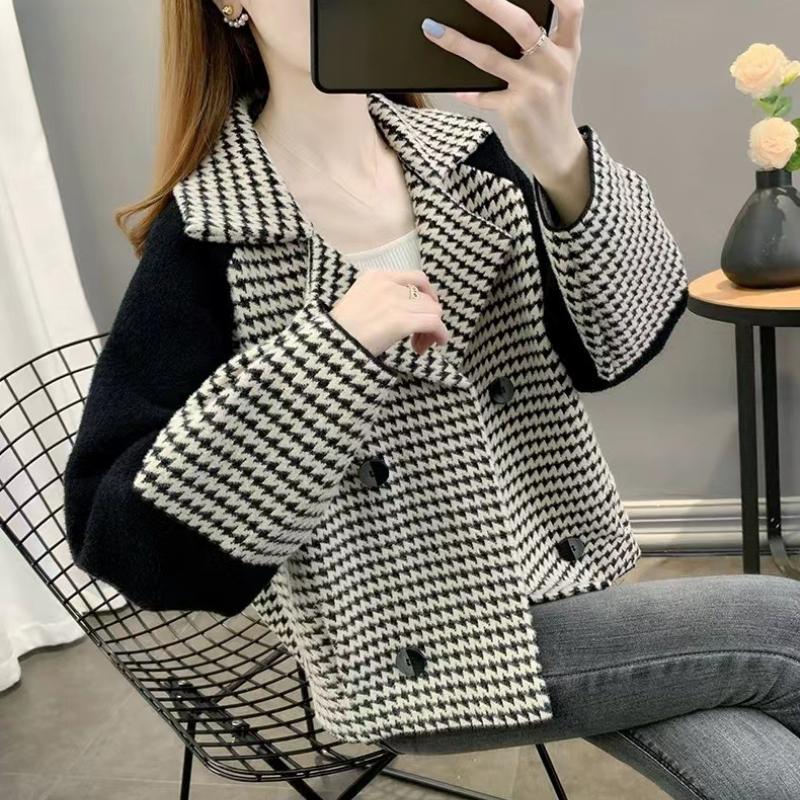 Chaqueta Corta de Moda de Pata de Gallo para Mujer Otoño e Invierno Versátil Holgada con Temperamento Cárdigan Chaqueta Gruesa