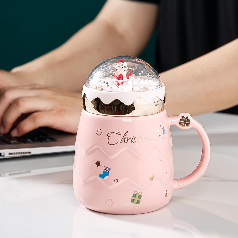 Santa Claus Ceramic Coffee Mug with Creative Snow Globe Lid Afternoon Tea Flower Tea Cup Home Breakfast Milk Mug Christmas Gift