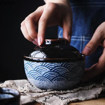 Japanische handbemalte Keramikschüssel mit Deckel Dessertschüssel Gedämpfte Eierschüssel Geschmorte Suppenschüsseln Joghurt-Haferflockenschüsseln Küchentischgeschirr