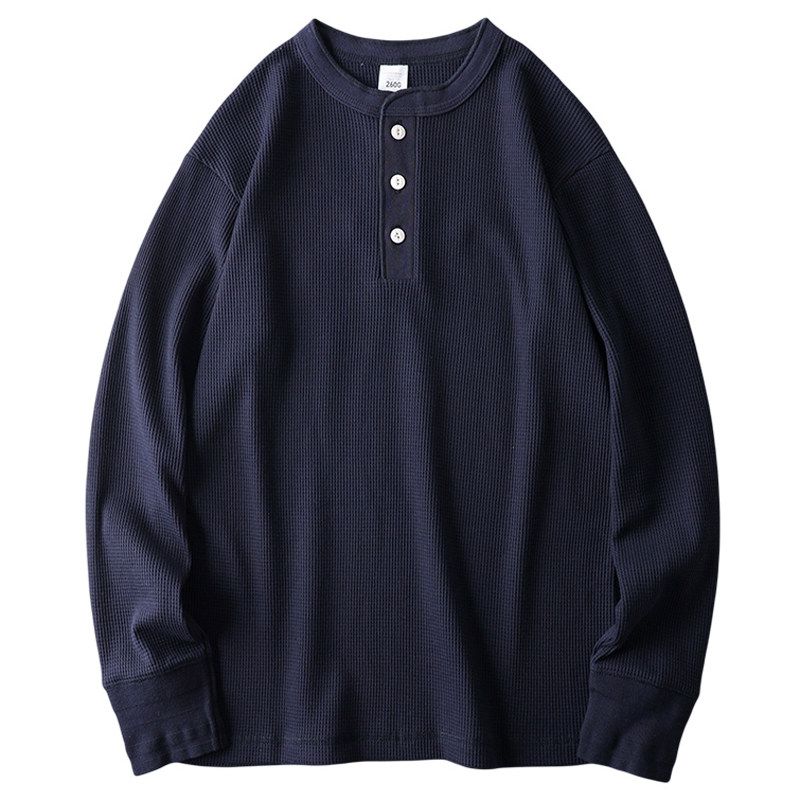 American Style Retro Heavy-Weight Waffle Pattern Long Sleeves Henley Shirt