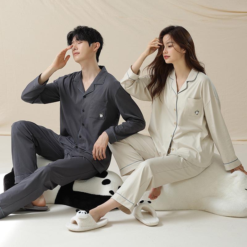 "Antibacterial Stretch Cotton Panda Pajamas Set – Men's and Women's Autumn Cardigan, Casual Homewear"