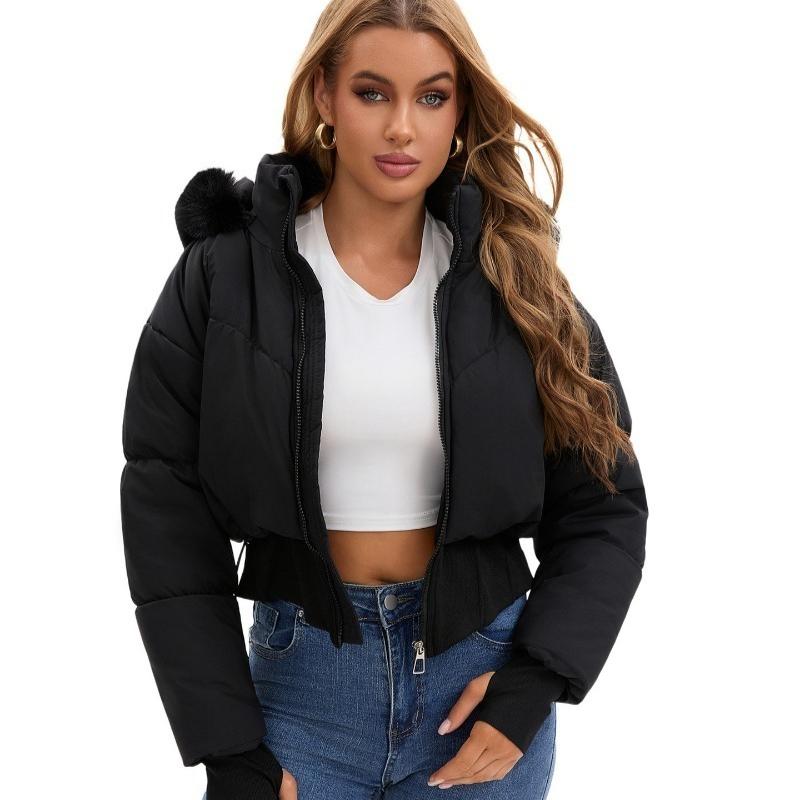 Winter Big Fur Collar Hooded Short Cotton-padded Jacket Women's Thick Warm Cotton-padded Jacket Waist Design Jacket