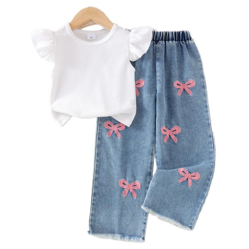 Girls' Fashion Set - Summer Children's Casual Bow Embroidered Denim Pants Set