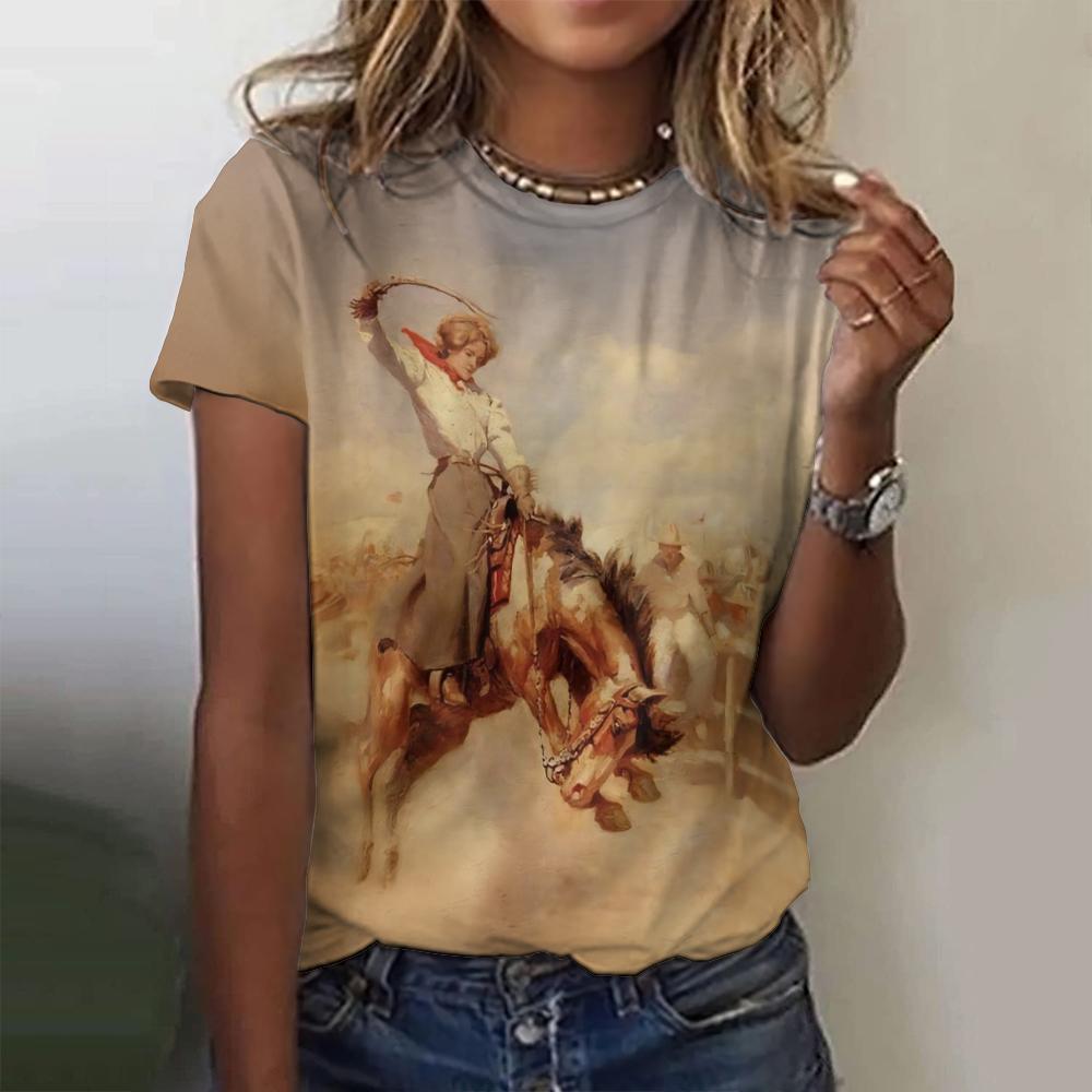 Retro Western Women's Short Sleeved T-shirt Top Loose Cowboy 3D Printed T-shirt