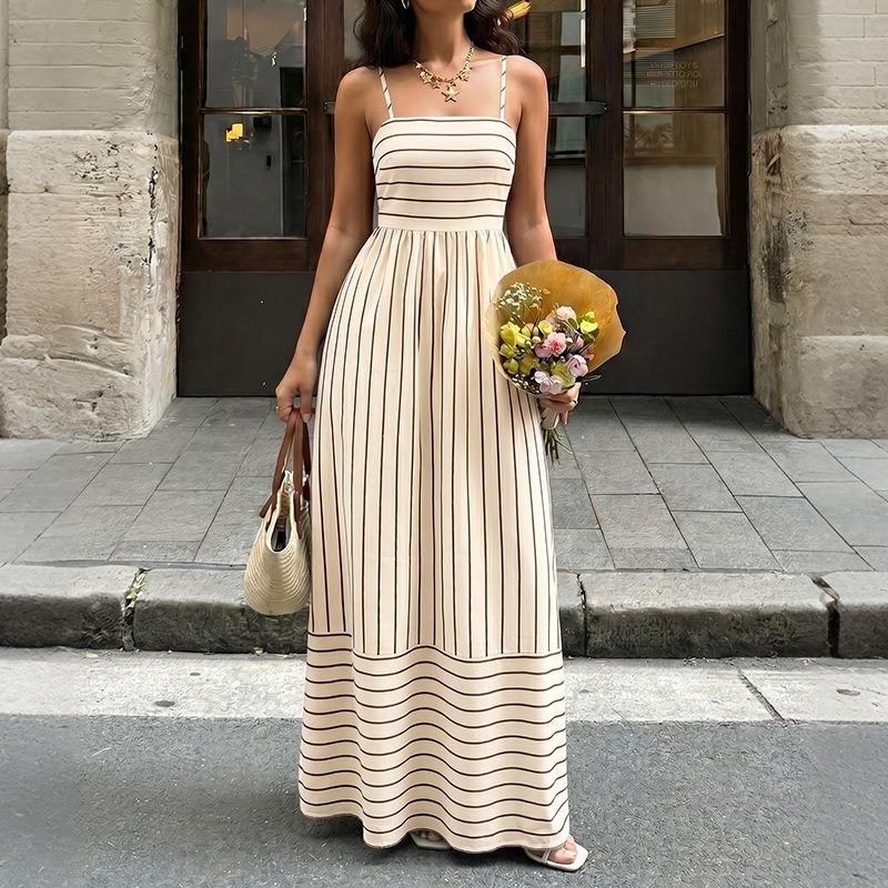 Women Striped Backless High Waist Suspender Maxi Casual Vacation Dress