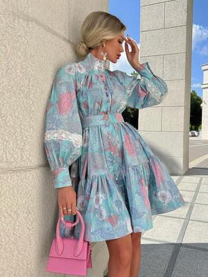 Moda Bol Baskılı Kadın Elbisesi Vintage Stand Yaka Uzun Kollu Mini Elbiseler Zarif Yüksek Bel Pileli Kadın Elbisesi