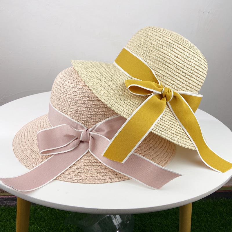 Hat women's spring summer versatile travel ribbon bow streamer big eaves hat sun protection big edge straw hat