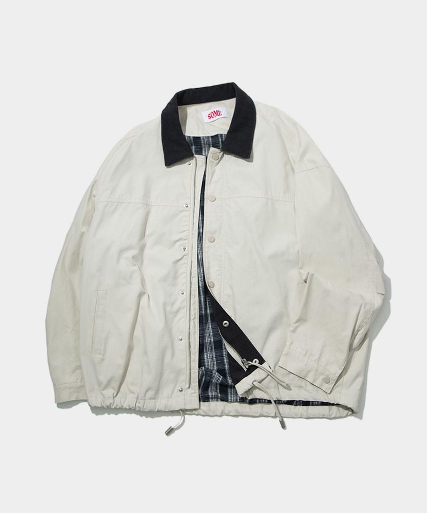 Some Place Color-Block Corduroy Collar Barbour Hunting Trucker Jacket Jumper [Beige]