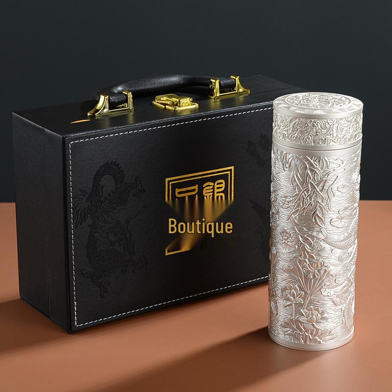 Reinsilber 9999 Thermalwasserbecher - Neun Drachen, Hundert Segnungen, Drachen & Phönix Design