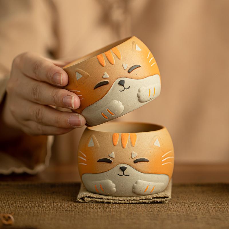 1/4PCS Ceramic Gongfu Tea Cup Woodfish Cat Design Chinese Style Home Use Cute Tea Set Gift for Women