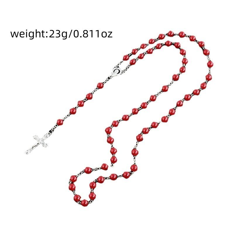 Women's Faux Pearl Rosary Necklace Christian Fashion Jewelry with Virgin Mary Jesus Cross Pendant Long Beads Chain