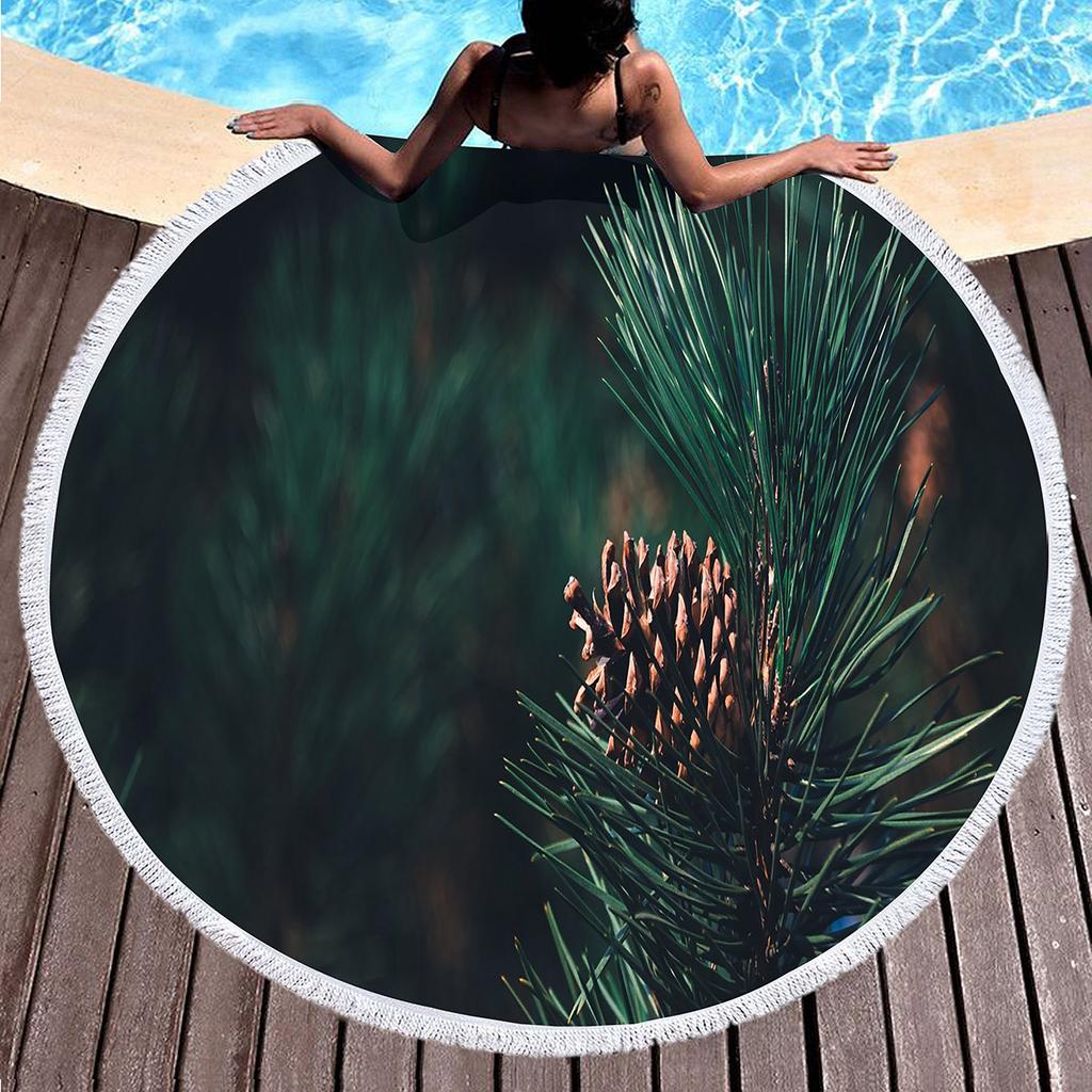 Pine Tree Printed Round Beach Towel with Tassels, Microfiber Beach Blanket, Absorbent Quick Dry Pool Towel Portable Picnic Mat