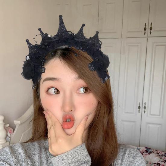 Women Headband Crown Lace Decor Hair Hoop Halloween Dark Style Elastic Headwear
