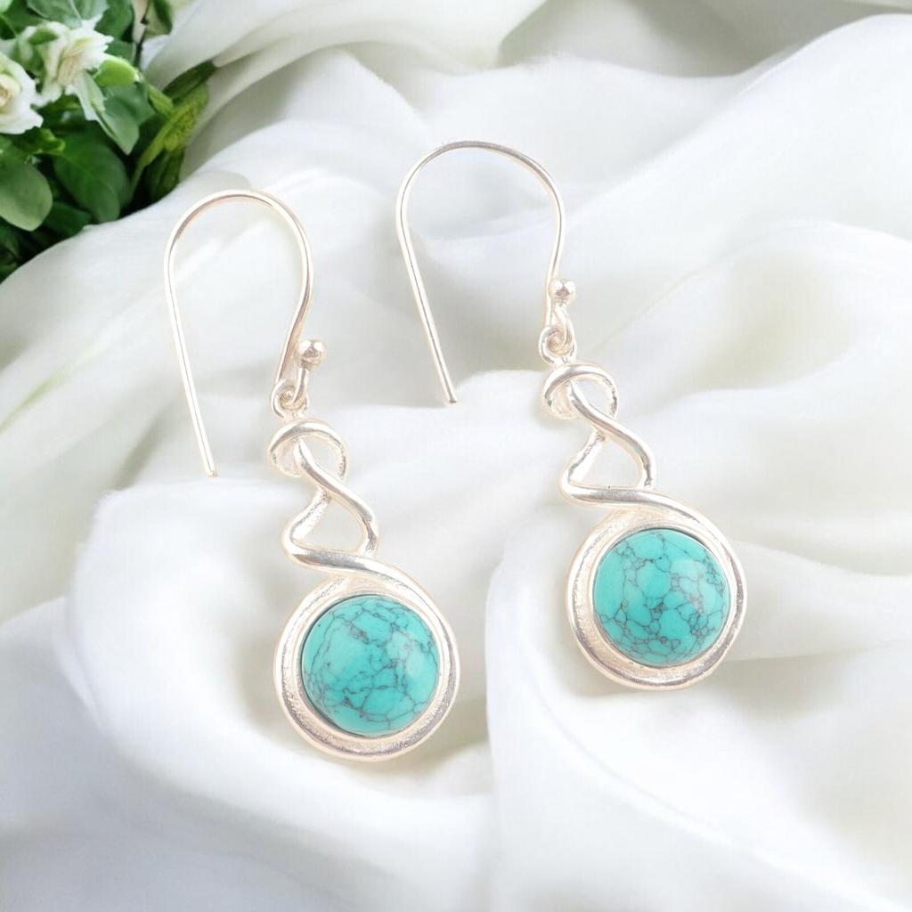 Genuine Blue Turquoise 925 Sterling Silver Drop & Dangle Hook Earrings 1.67" CE-14-27