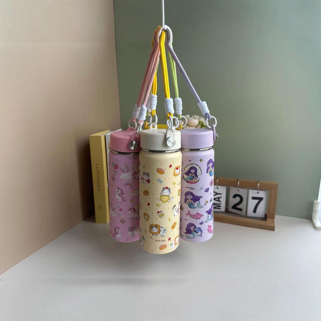 Cartoon Thermos Cup 304 Stainless Steel with Lanyard - Cute, Portable for Kids