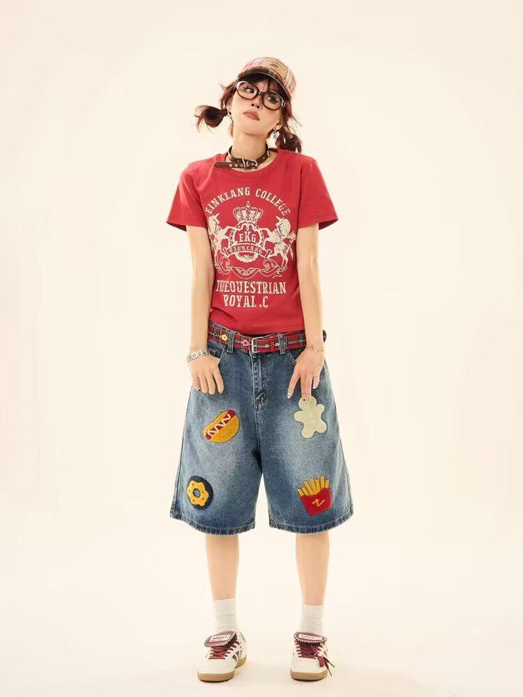 

Американские ретро джинсовые шорты с вышивкой гамбургера и картофеля фри - Женские модные летние широкие шорты-бермуды свободного кроя L: Height 155-165CM (109-120 lbs)