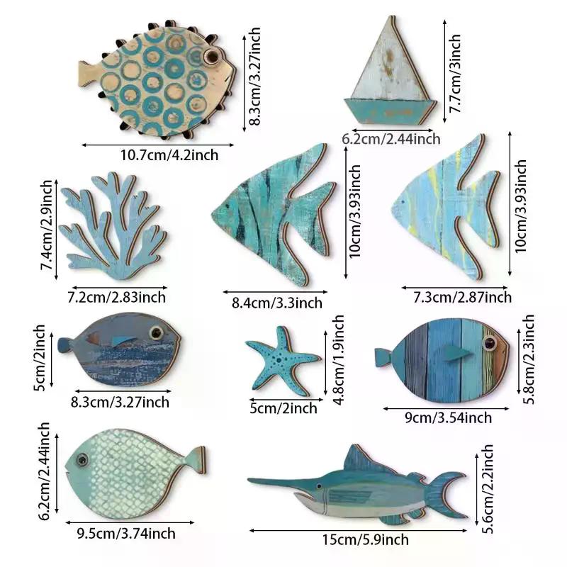 10pcs/set Wooden Fish Hanging Beach Theme Bathroom Fish Wall Decor Art Nautical Coastal Ocean Home Decoration