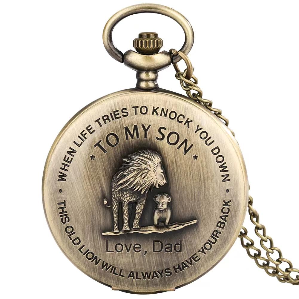 

Best Gift For Son Lion Man Quartz Pocket Watch Necklace Chain For My Son Love Dad Design Pendant Watch бронзовий