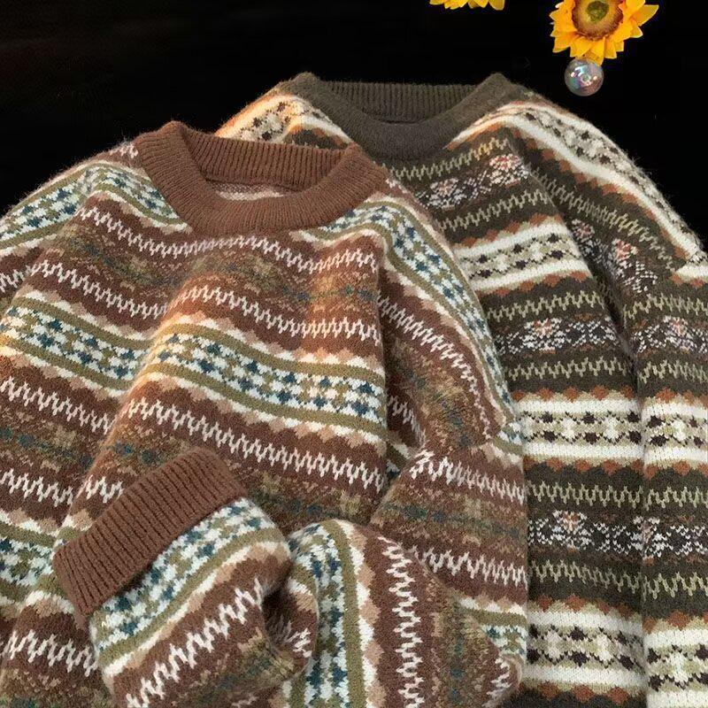 Men's Color Block Striped Sweater - Autumn/Winter Loose Long Sleeve Crew Neck, Couple Trendy Style