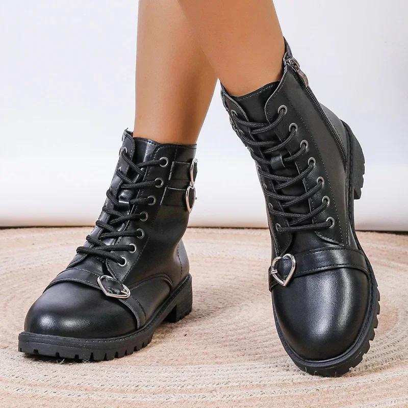 Fashion Women's Solid Lace Up Fashion Boots 2024 Autumn Heart Buckle Thick Heel Short Boots Pu Leather Side Zip Square Heel Women Boots