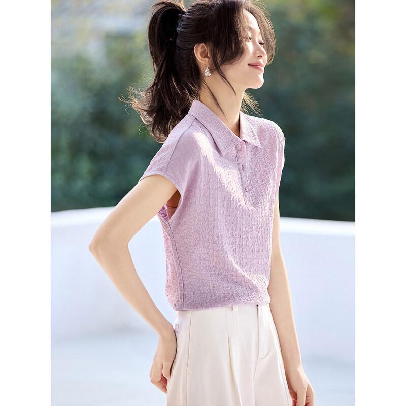 

Women s Textured Polo Collar Short Sleeve Blouse M