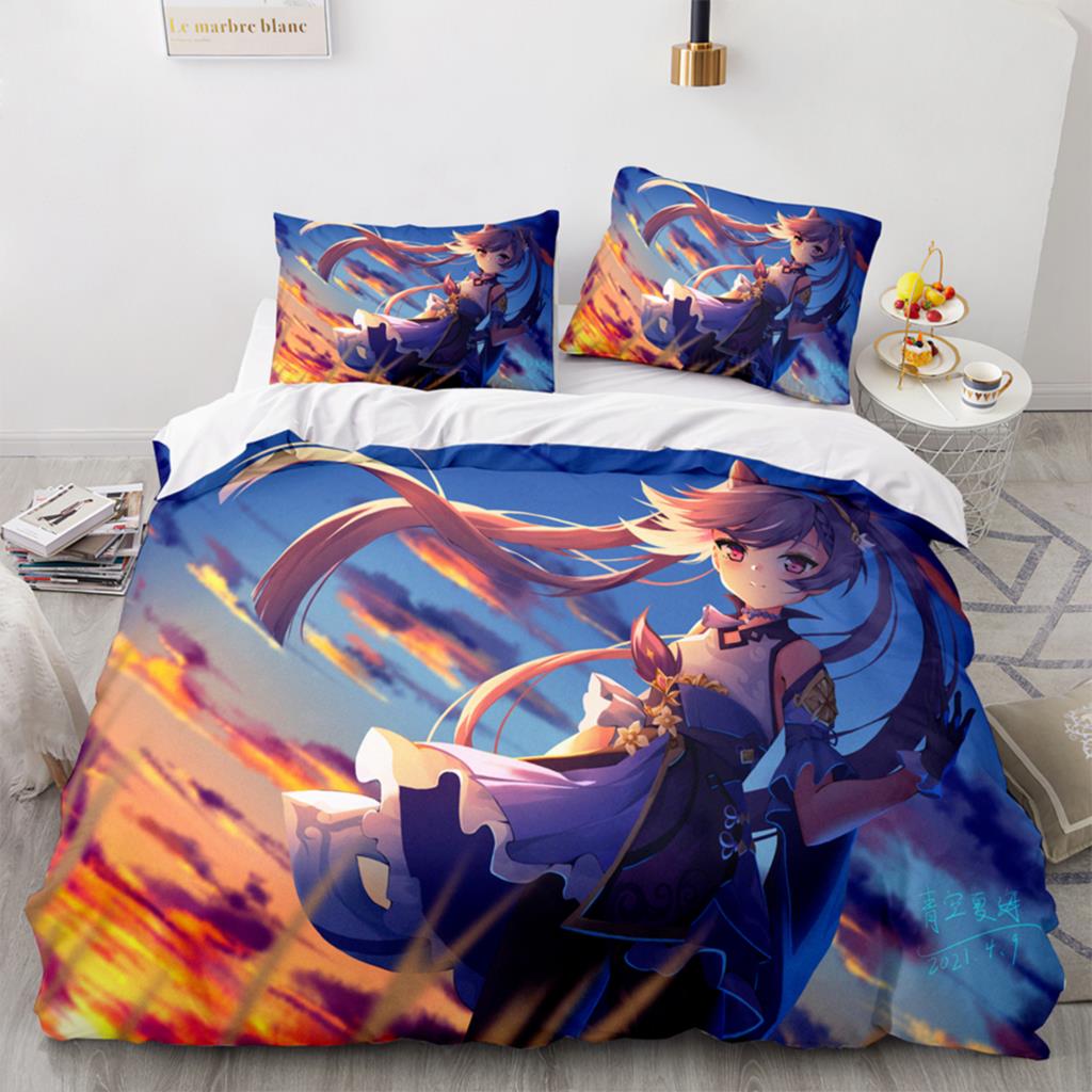 Gaming Genshin Impact Hutao Cosplay Duvet Cover Cartoon Bedding Set Full Size King Bed Comforter Quilt Cover Pillowcase Home