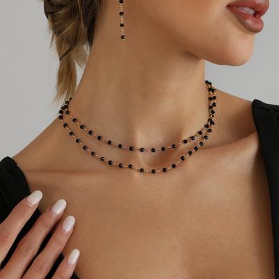 Retro Spherical Black Crystal Necklace, Metal Color Matching Niche Design Collarbone Chain Set