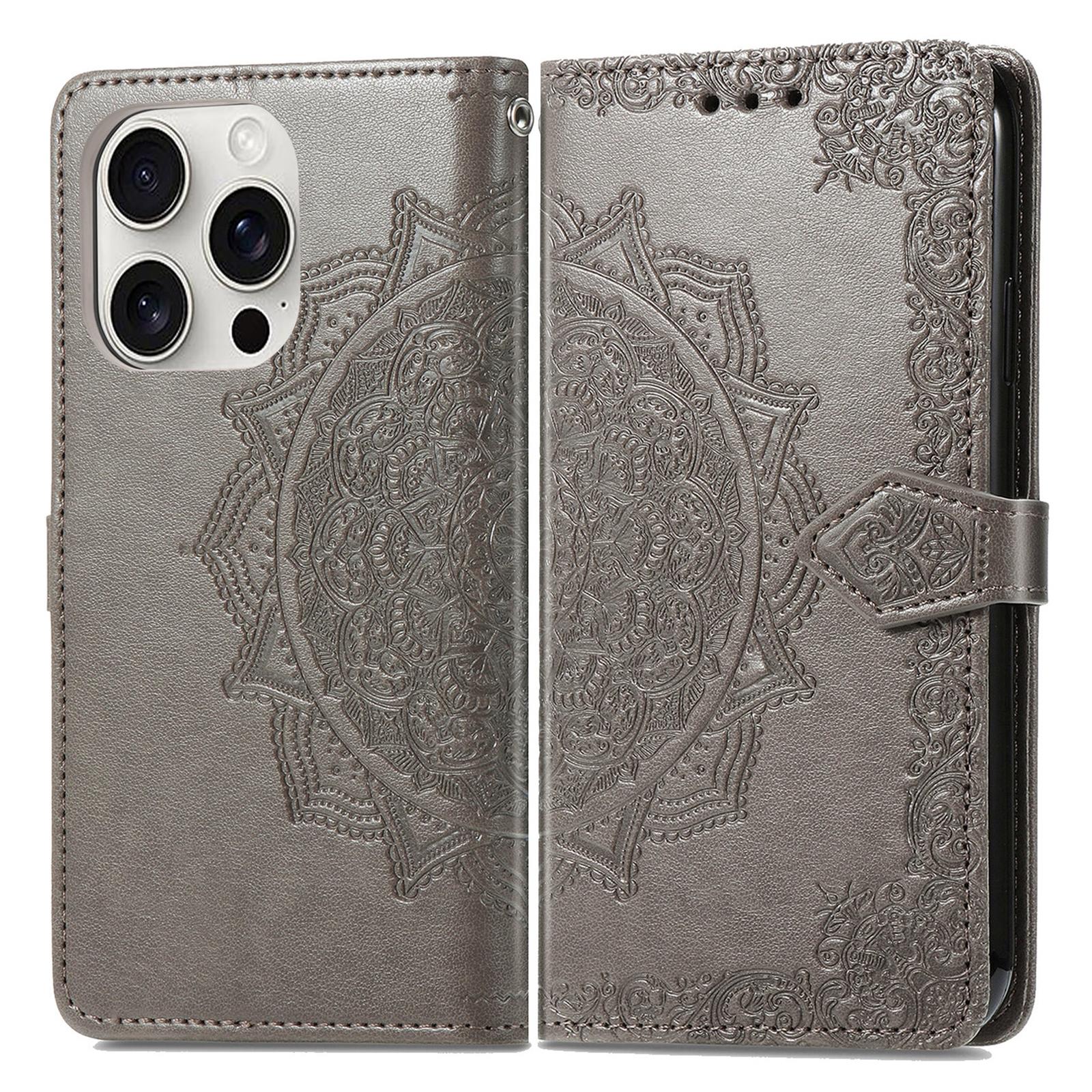 

For iPhone 16 Pro Max Wallet Case Mandala Flower Leather Phone Cover Stand View Grey