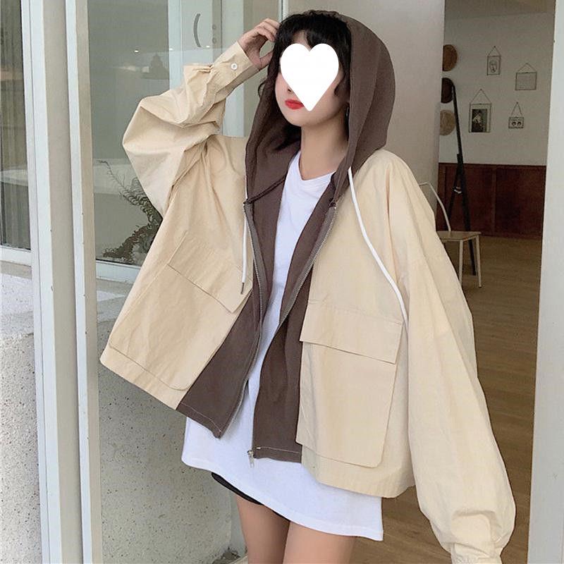 2025 New Women's Korean Style Hooded Retro Patchwork Jacket - Spring/Autumn, Loose Fit, Short, Student Workwear Style