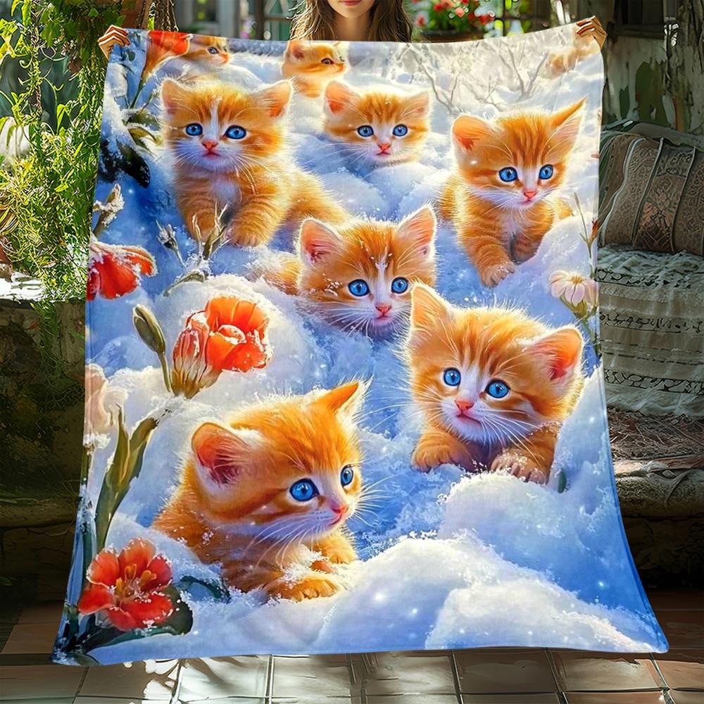 Orange Kitten Snow Winter Scene Fleece Blanket Cute Cat Design Soft Flannel Throw Gift for Cat Lovers Pet Owners