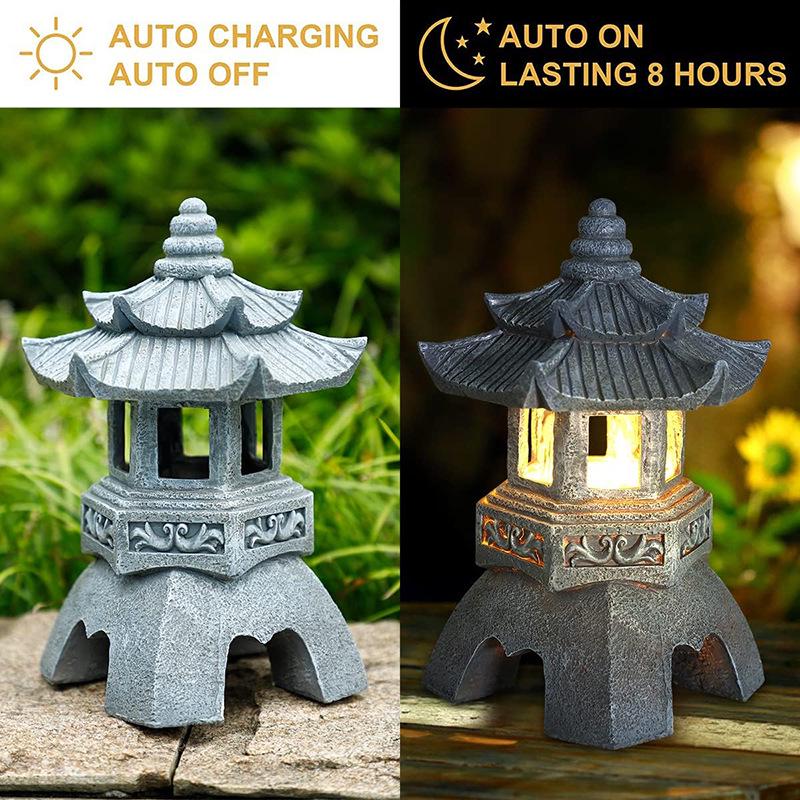 Zen Solar Stone Pagoda Lantern - Outdoor Resin Ornament for Garden and Courtyard Decor