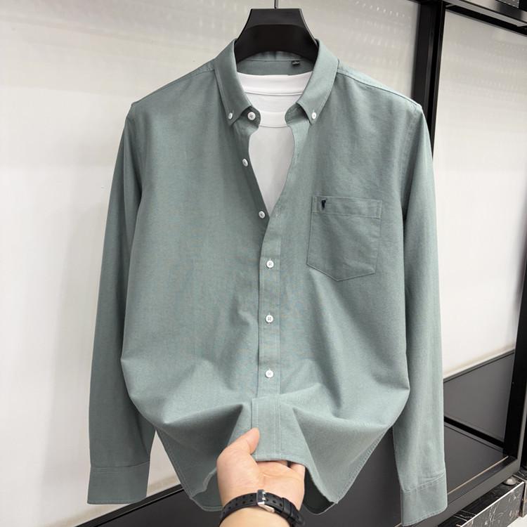 Men's High-End Embroidered Long-Sleeve Solid Color Shirt with Pockets for Spring and Autumn - Business Casual and Versatile