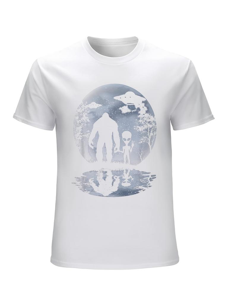 Miękki, wygodny męski T-shirt z nadrukiem Księżyca, Sasquatcha, UFO i Istoty Pozaziemskiej, Stylowy letni T-shirt