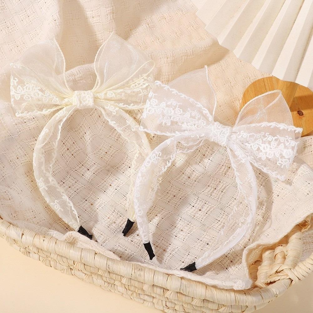 Elegant Lace Bow Hairbands Flower Embroidery Double Layered Princess Headband Non-Slip Lightweight Yarns Headband