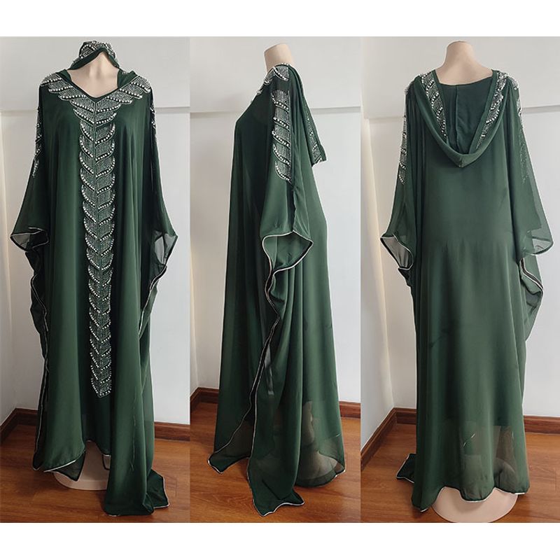 Indonesia European and American Amazon Chiffon Heavy Embroidery Hot Drilling Dress African Long Gown Plus Size Hooded Women Dresses