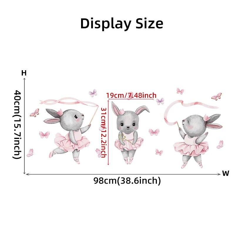 Cartoon Three Gray Rabbits Dancing Ballet Butterfly Wall Stickers for Kids Room Bedroom Nursery Home Decoration Wall Decal