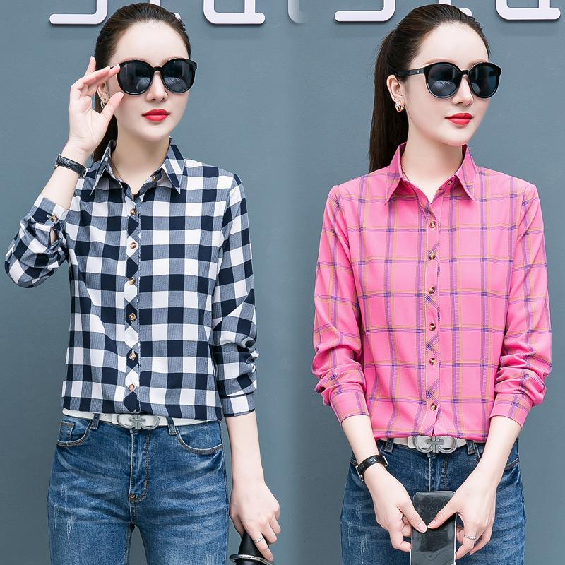 Geruit Overhemd Dames Honderd Dames Tops Los Retro Hong Kong Smaak Lange Mouw Overhemd
