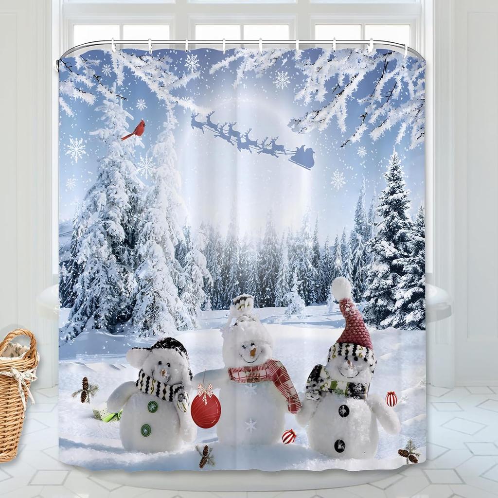 Christmas Shower Curtain Snowflake Bathroom Curtain, Merry Christmas Bathroom Decoration Blue Cartoon Snowman Bathroom Decor