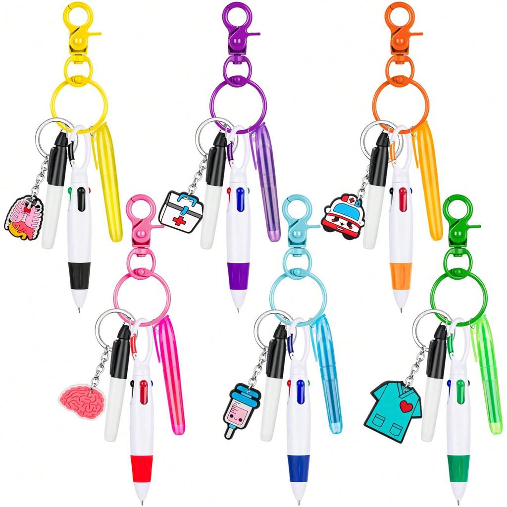 Mini Textmarker Krankenschwesternstifte für Ausweisrolle Stift enthalten 1 Textmarker mit Spitze, 1 Permanentmarker und 1 Kugelschreiber mit Einzug mit 1 Krankenschwester-Schlüsselanhänger