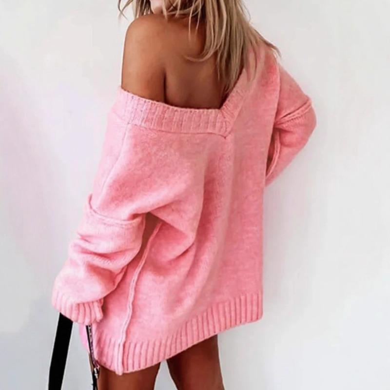 Autumn and Winter Solid Color V-neck Pullover Sweater Casual Loose Long-sleeved Off-shoulder Pink Sweater